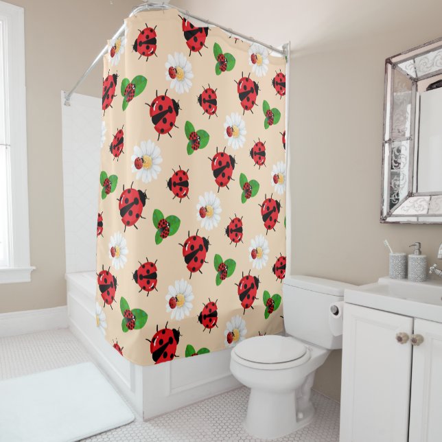Cute red polka dot Ladybug Daisy flower summer Shower Curtain (In Situ)