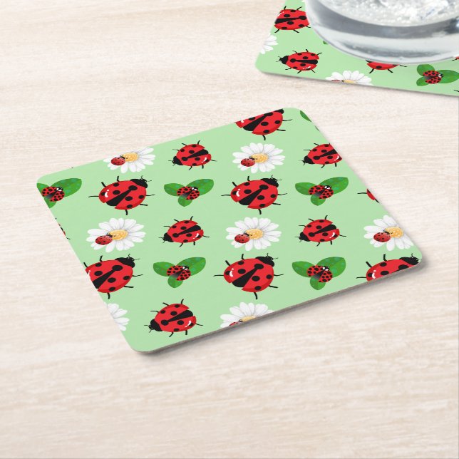 Cute red polka dot Ladybug Daisy flower summer Square Paper Coaster (Angled)