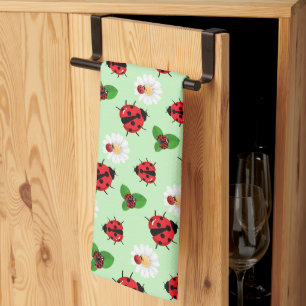 Cute red polka dot Ladybug Daisy flower summer Tea Towel