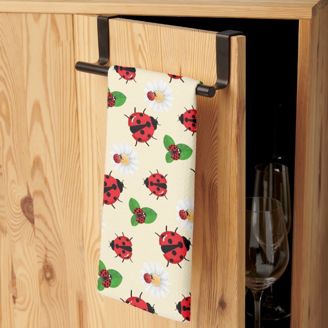Cute red polka dot Ladybug Daisy flower summer Tea Towel (Thirds Fold)
