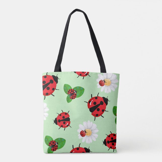 Cute red polka dot Ladybug Daisy flower summer Tote Bag (Back)