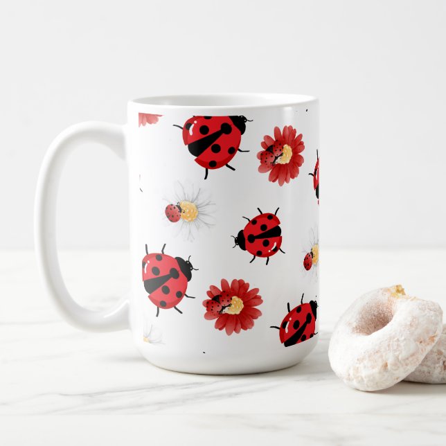 Cute red polka dot Ladybug flower summer Girly Coffee Mug (With Donut)