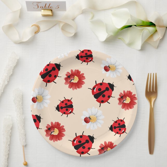 Cute red polka dot Ladybug flower summer Girly Paper Plate (Wedding)
