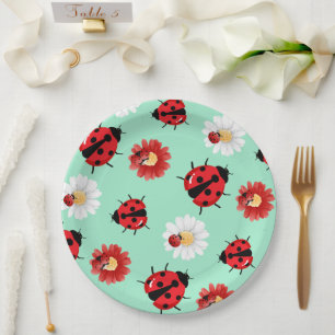 Cute red polka dot Ladybug flower summer Girly Paper Plate