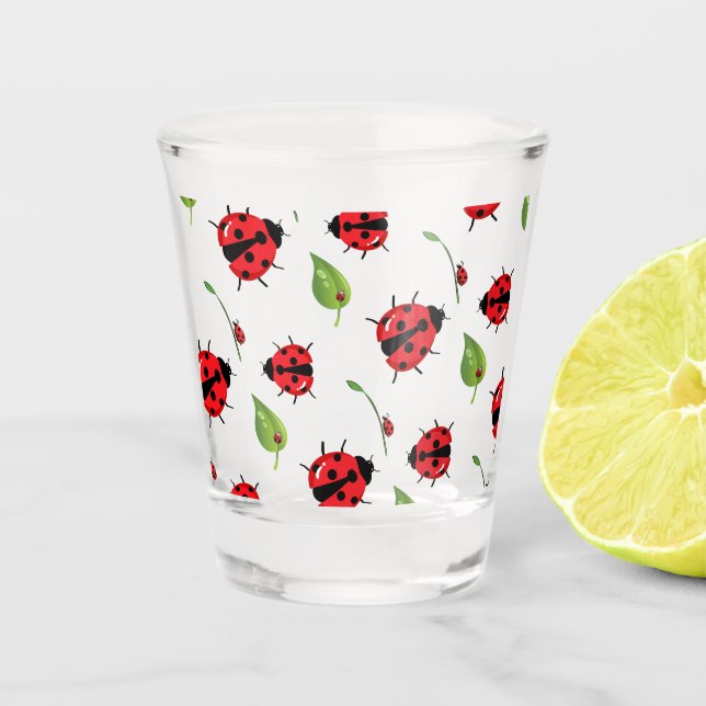 Cute red polka dot Ladybug flower summer Girly Shot Glass (Front)