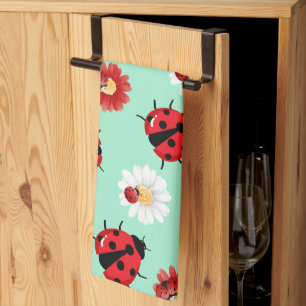 Cute red polka dot Ladybug flower summer Girly Tea Towel