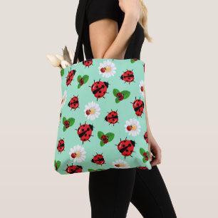 Cute red polka dot Ladybug flower summer Girly Tote Bag