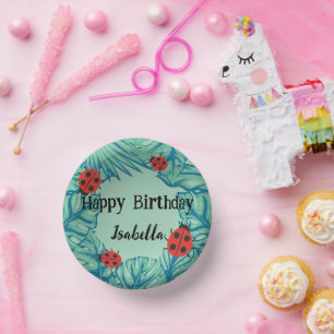 Cute red Polka dot Ladybug Jungle Leave Birthday  Paper Plate