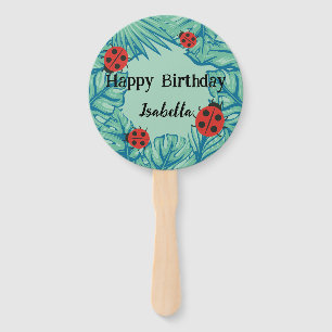Cute red Polka dot Ladybug Jungle Leaves Birthday  Hand Fan