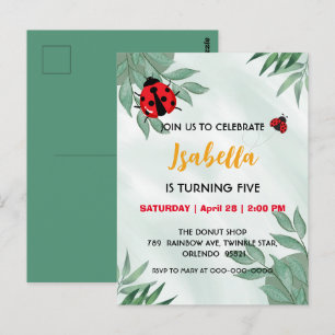 Cute red Polka dot Ladybug leaf jungle Birthday Postcard