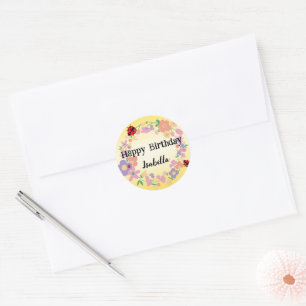 Cute red Polka dot Ladybug Spring Flower Birthday  Classic Round Sticker