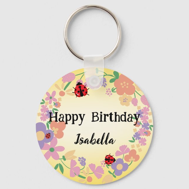 Cute red Polka dot Ladybug Spring Flower Birthday  Key Ring (Front)