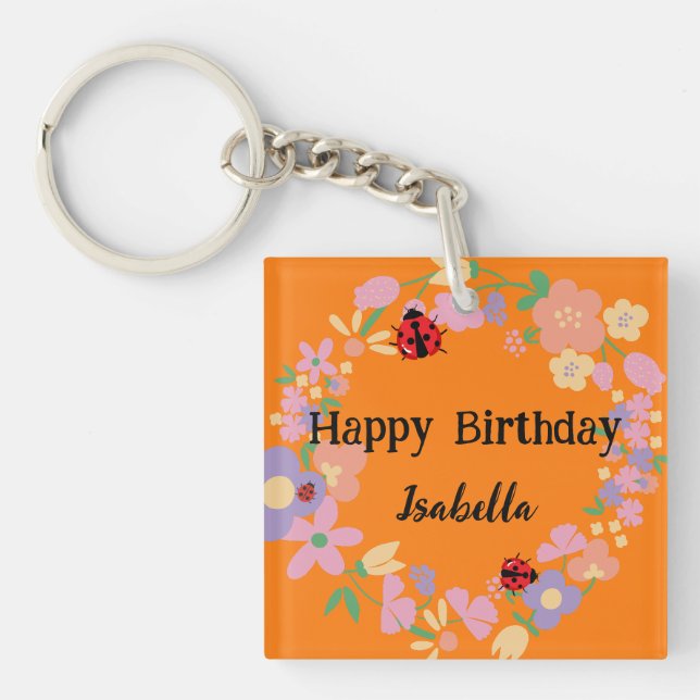 Cute red Polka dot Ladybug Spring Flower Birthday  Key Ring (Front)
