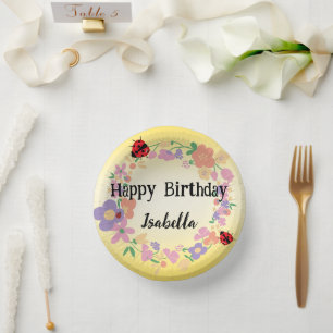 Cute red Polka dot Ladybug Spring Flower Birthday Paper Plate