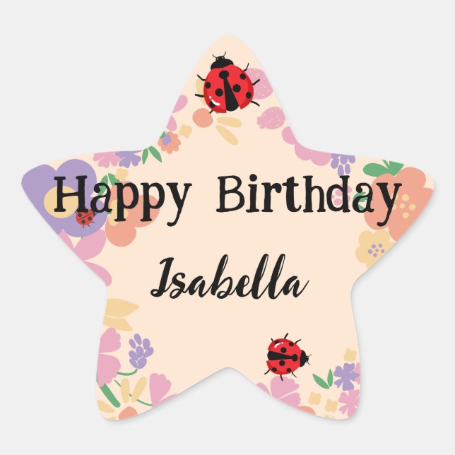 Cute red Polka dot Ladybug Spring Flower Birthday  Star Sticker (Front)