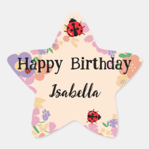 Cute red Polka dot Ladybug Spring Flower Birthday Star Sticker