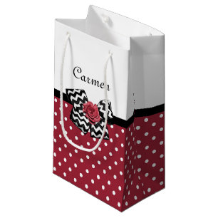 Cute Red Polka Dots With Chevron Rose Bow and Name Small Gift Bag