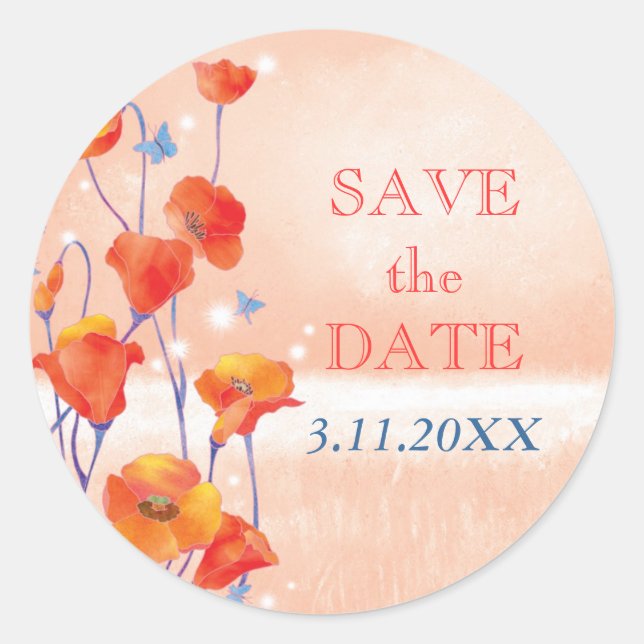 Cute Red Poppies Wedding Save the Date Classic Round Sticker (Front)
