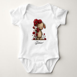 Cute Red Poppies with Bear Baby Bodysuit
