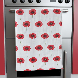 Cute Red Poppy Flower Pattern White Kitchen Towel