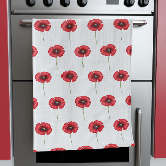 Cute Red Poppy Flower Pattern White Kitchen Towel
