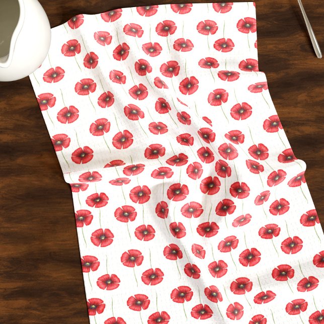 Cute Red Poppy Pattern Floral Kitchen Towel (A cute poppy pattern kitchen towel that will look fabulous in your kitchen)