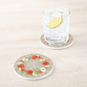 Cute Red Poppy White Yellow Daisy Flowers Wreath Coaster