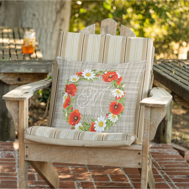 Cute Red Poppy White Yellow Daisy Flowers Wreath Cushion (Chair)