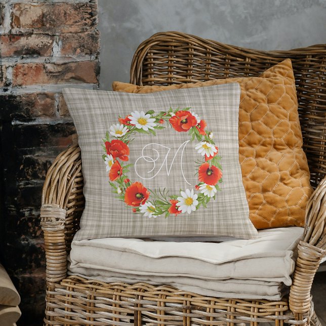 Cute Red Poppy White Yellow Daisy Flowers Wreath Cushion (Creator Uploaded)