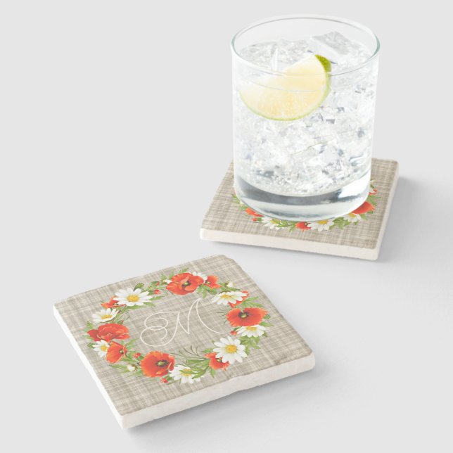 Cute Red Poppy White Yellow Daisy Flowers Wreath Stone Coaster (Side)