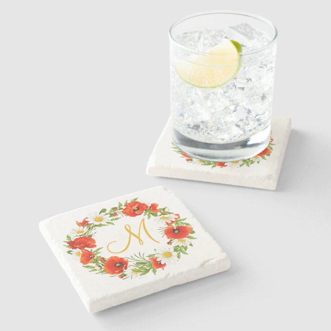 Cute Red Poppy White Yellow Daisy Flowers Wreath Stone Coaster (Side)
