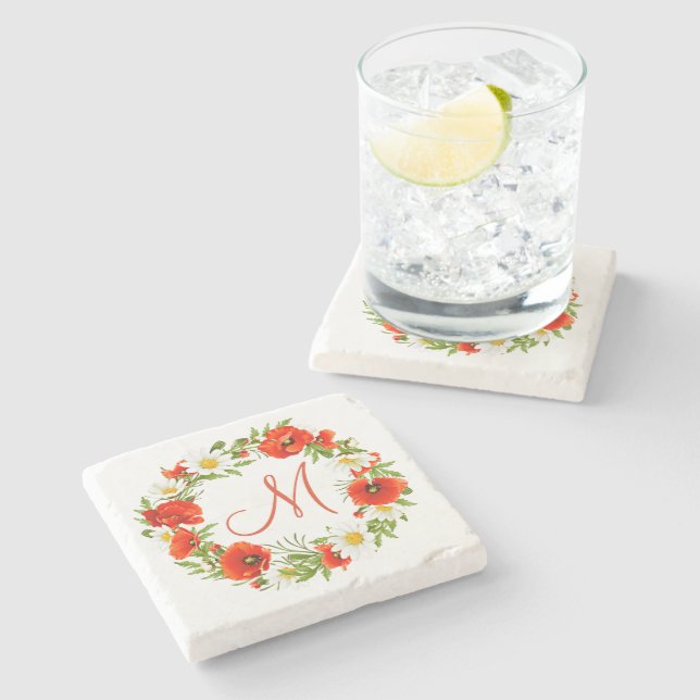 Cute Red Poppy White Yellow Daisy Flowers Wreath Stone Coaster (Side)