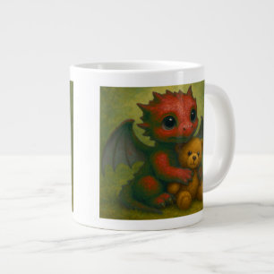 Cute Red Puppy-Eyed Baby Dragon with Teddy Bear Large Coffee Mug