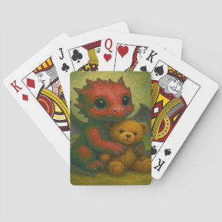 Cute Red Puppy-Eyed Baby Dragon with Teddy Bear Playing Cards