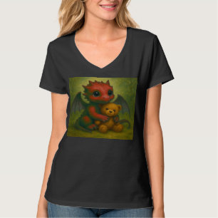 Cute Red Puppy-Eyed Baby Dragon with Teddy Bear T-Shirt