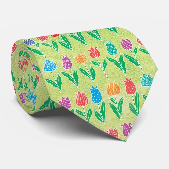 Cute Red Purple Blue Yellow Tulips Floral Pattern Tie (Rolled)
