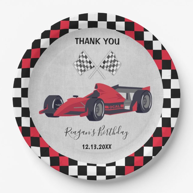 Cute Red Race Car Birthday Paper Plate (Front)