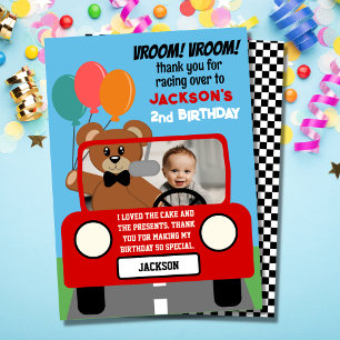 Cute Red Race Car Kids Birthday Photo Thank You Card