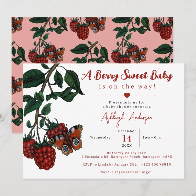 Cute Red Raspberry Berry Sweet Baby Shower Invitation (Front/Back)