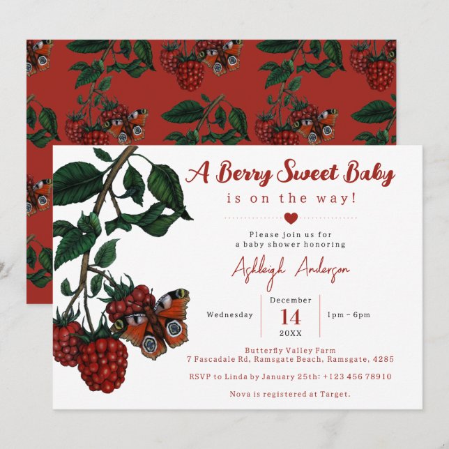 Cute Red Raspberry Berry Sweet Baby Shower Invitation (Front/Back)