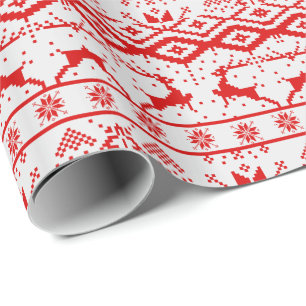 Cute Red Reindeer And Snowflakes Wrapping Paper