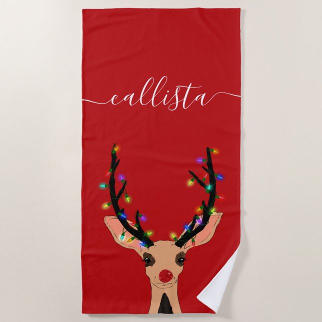 Cute Red Reindeer Deer Glowing Christmas Lights Beach Towel (Front)