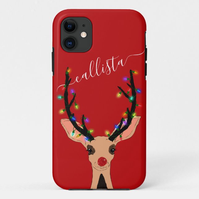 Cute Red Reindeer Deer Glowing Christmas Lights Case-Mate iPhone Case (Back)