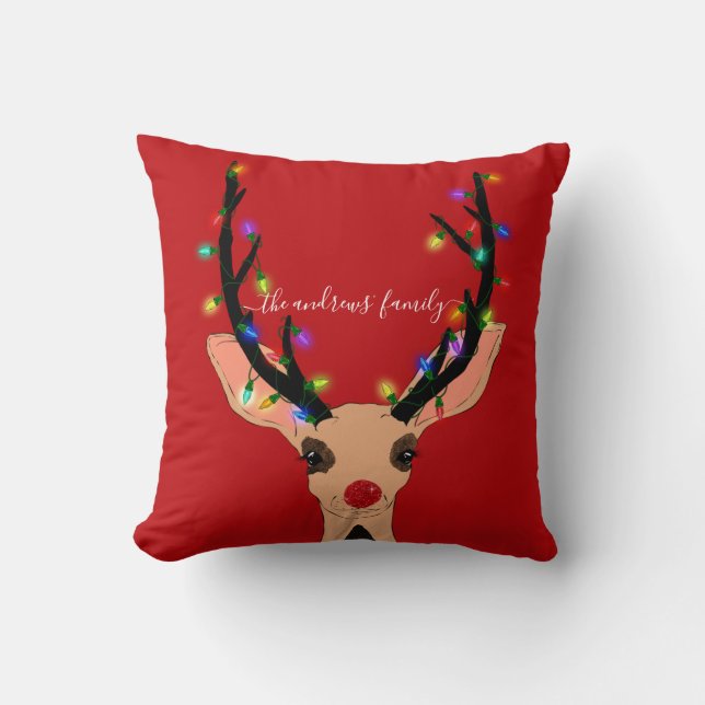 Cute Red Reindeer Deer Glowing Christmas Lights Cushion (Front)