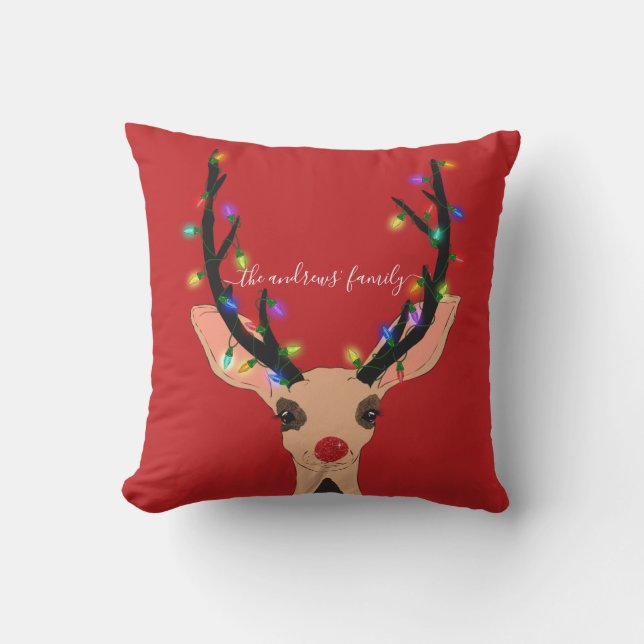 Cute Red Reindeer Deer Glowing Christmas Lights Cushion (Front)