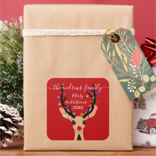 Cute Red Reindeer Deer Glowing Christmas Lights Square Sticker