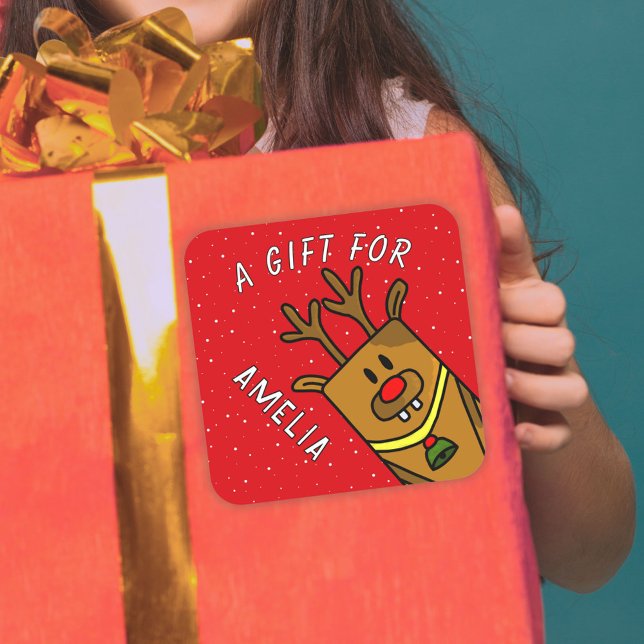 Cute Red Reindeer Kid`s Name Christmas Gift Square Sticker (Creator Uploaded)