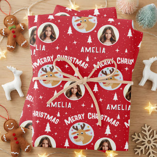 Cute Red Reindeer Kid`s Name Photo Merry Christmas Wrapping Paper Sheet
