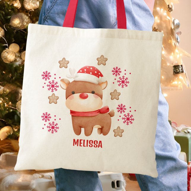 Cute Red Reindeer Name Tote Bag (Creator Uploaded)