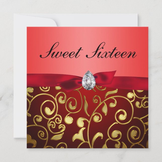 Cute Red Ribbon Gold Floral Pattern Sweet Sixteen Invitation (Front)